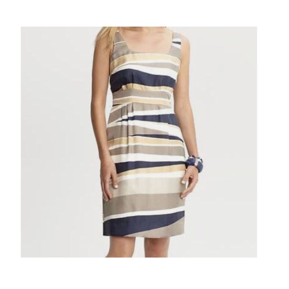 Banana Republic Silk Striped A-Line Dress Navy Tan Neutral Pleated Scoop Neck 4